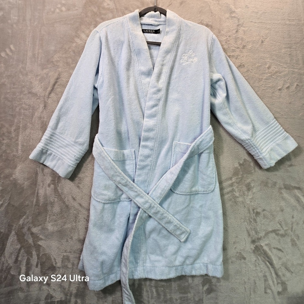 Lauren Ralph Lauren Spa Wrap Plush Fleece Robe Womens Small Blue Cotton Belted